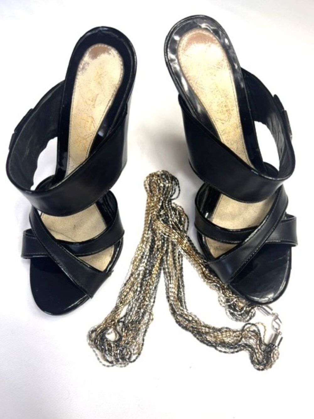 L.A.M.B. Sandra Sandal Black Patent Leather with Chrome Accents Sz 6